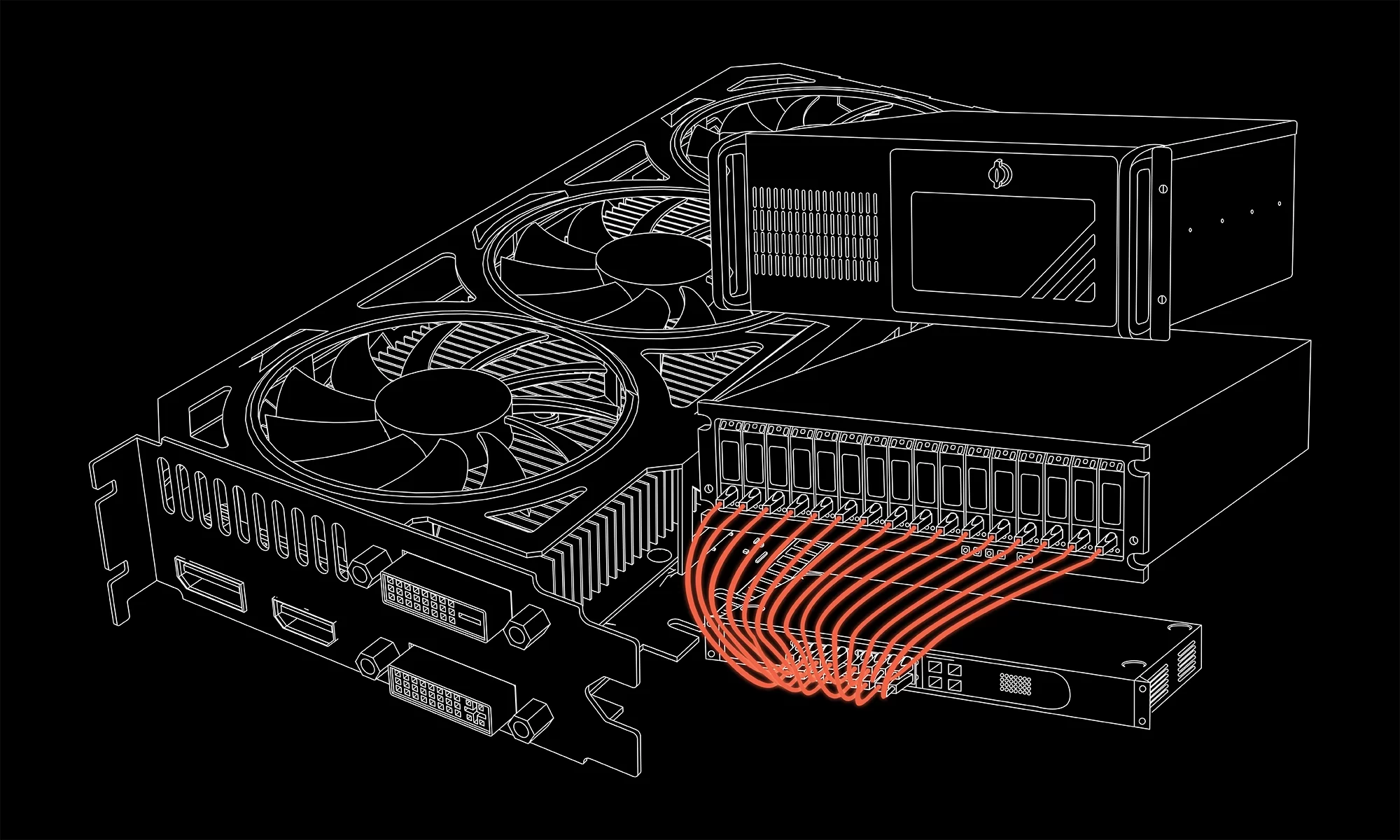 a server rack with the cables glowing orange
